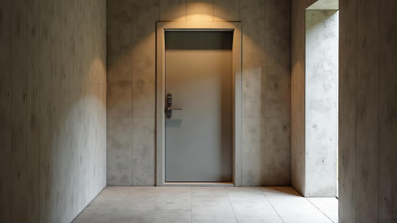 Couloir d'une maison contemporaine, porte de sécurité intégrée au lambris de chêne