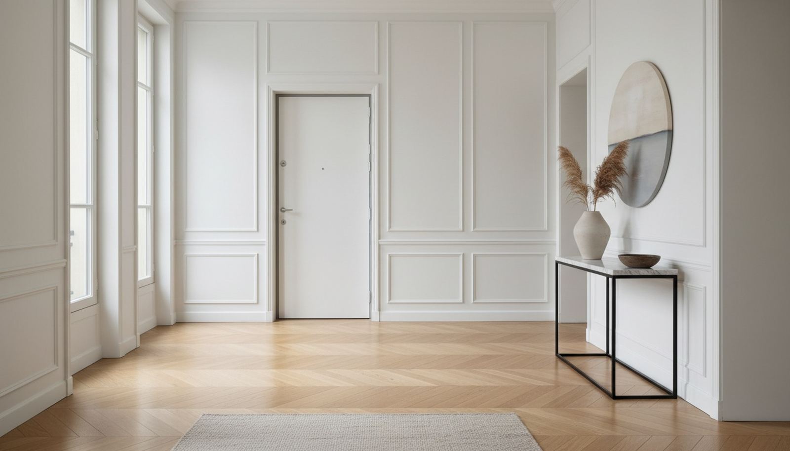 Entrée d'un appartement ancien, porte de pièce sécurisée intégrée aux moulures blanches