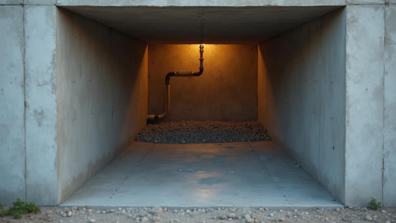 Raccord technique d'une gaine de ventilation fixé proprement sur un mur en béton d'un abri terminé