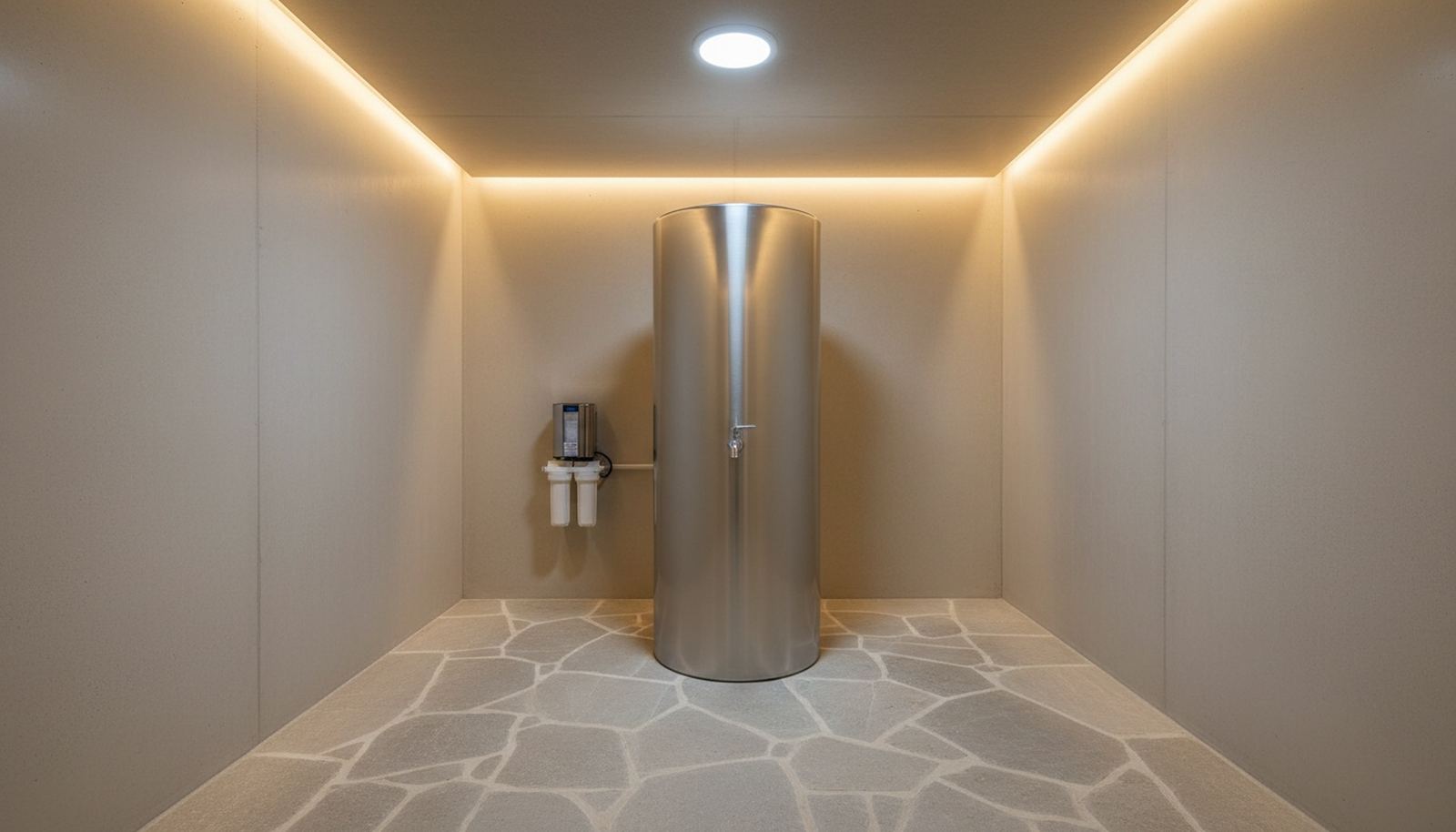 Local d'eau d'un abri enterré, cuve verticale en inox avec robinet et petit filtre mural