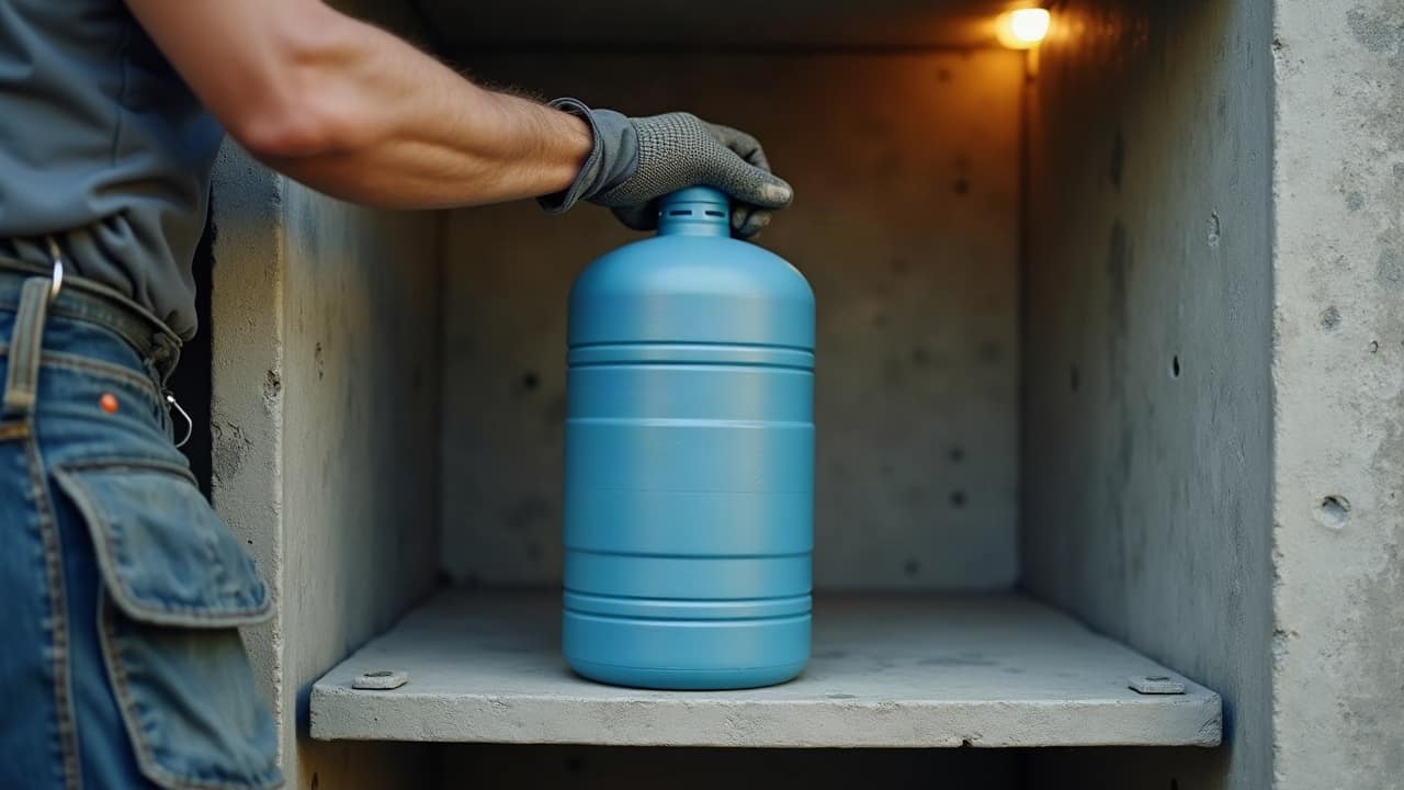 Un contenant d'eau alimentaire posé avec soin sur une étagère propre d'un abri sécurisé terminé