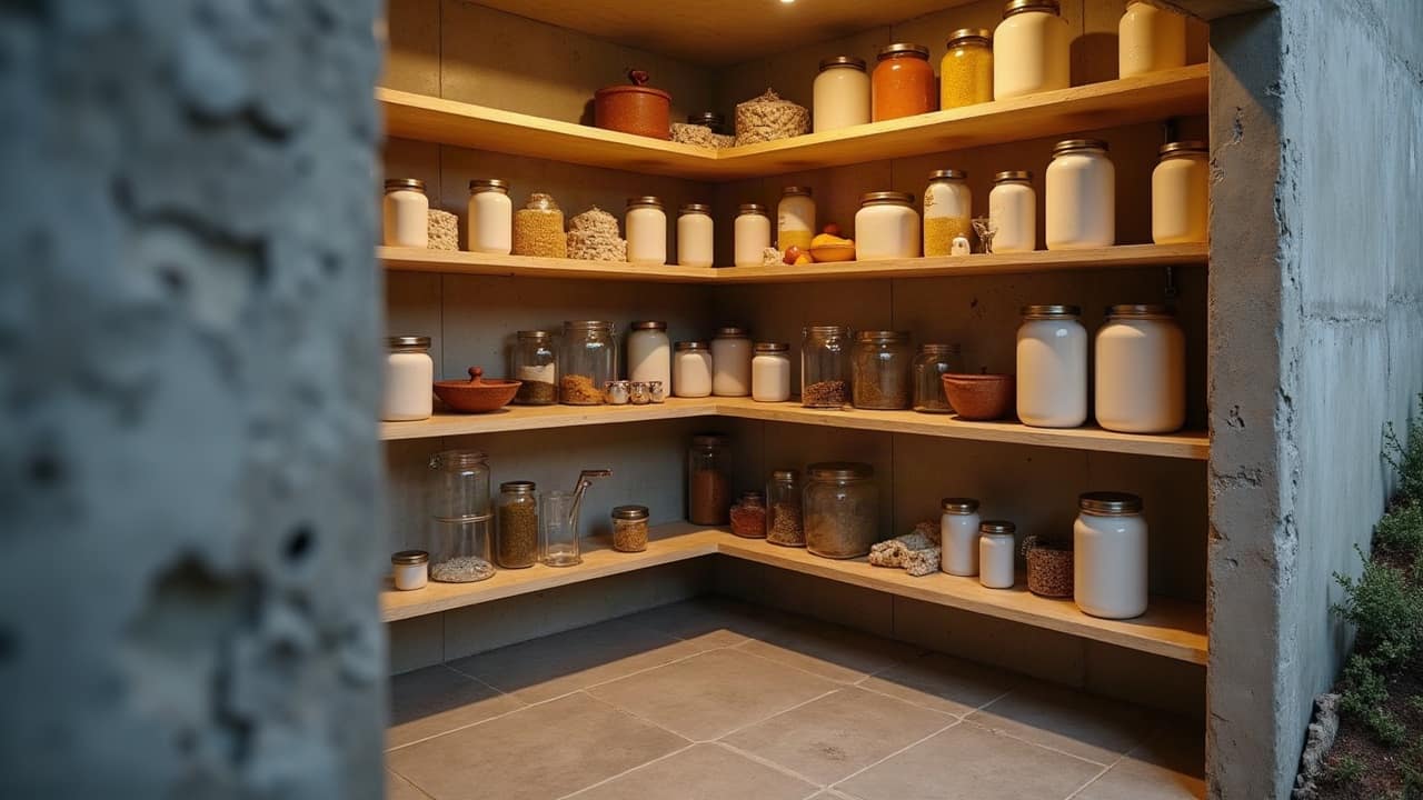 Bocaux hermétiques et pots en céramique alignés sur des étagères en chêne