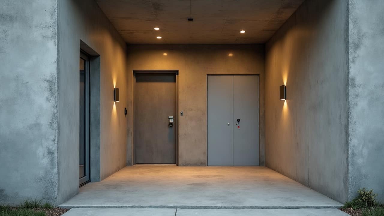 Vue intérieure d'un abri sécurisé enterré terminé, murs en béton armé lisses, éclairage chaud