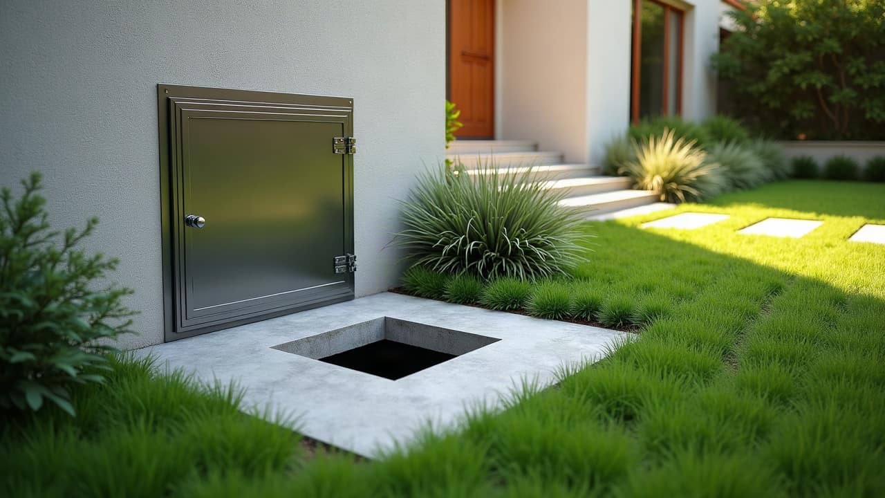 Jardin d'une maison contemporaine, chapeau de ventilation et trappe d'acier au ras de la pelouse